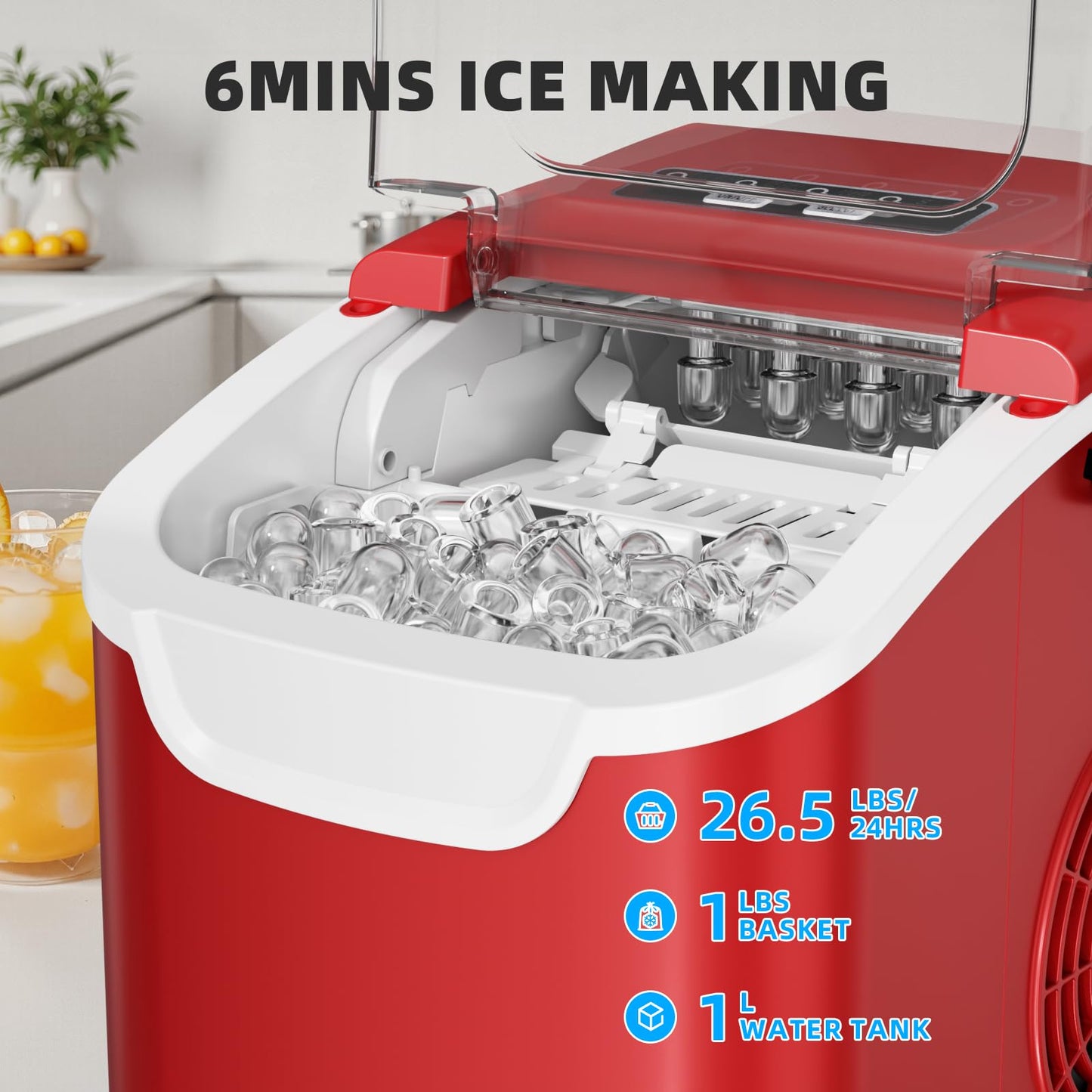 Antarctic Star Ice Maker Countertop, 8 Bullet Ice Cubes in 6 Mins, 26.5 lbs/Day, Self-Cleaning, 2 Sizes, Ultra-Quiet for Home/Kitchen/Camping/RV RED