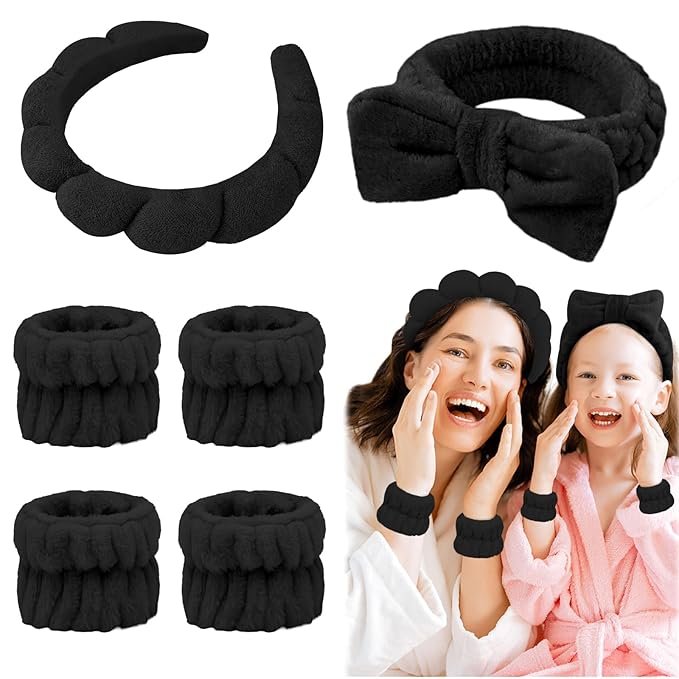 6 Pcs Puffy Terry Cloth Spa Headband and Wristbands for Face Skincare, Makeup Removal, Yoga, Shower, Spa Party, One Size, Unisex-Adults