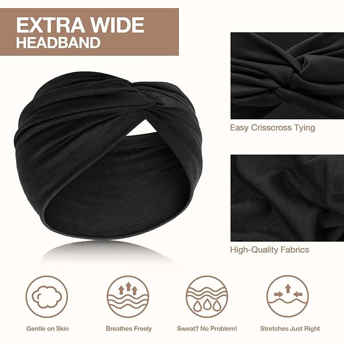 Awumbuk Wide Headbands for Women Knotted No Slip Head Bands Soft Turban Headband Hair Accessories Boho African Solid Color Head Wraps for Women Yoga Workout Pack of 6（Brown）