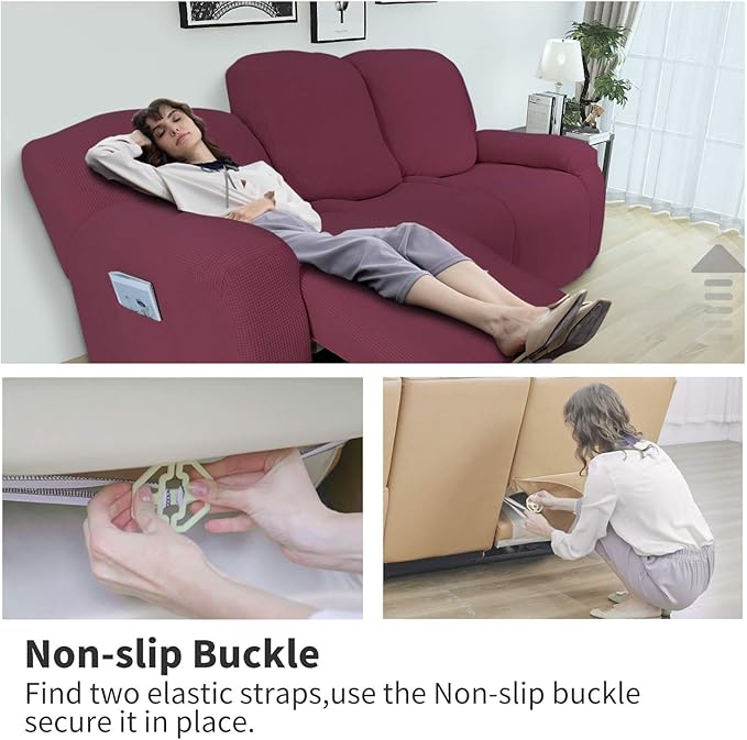 Easy-Going 8 Pieces Recliner Sofa Stretch Sofa Slipcover Sofa Cover Furniture Protector Couch Soft with Elastic Bottom Kids, Spandex Jacquard Fabric Small Checks ASH Rose