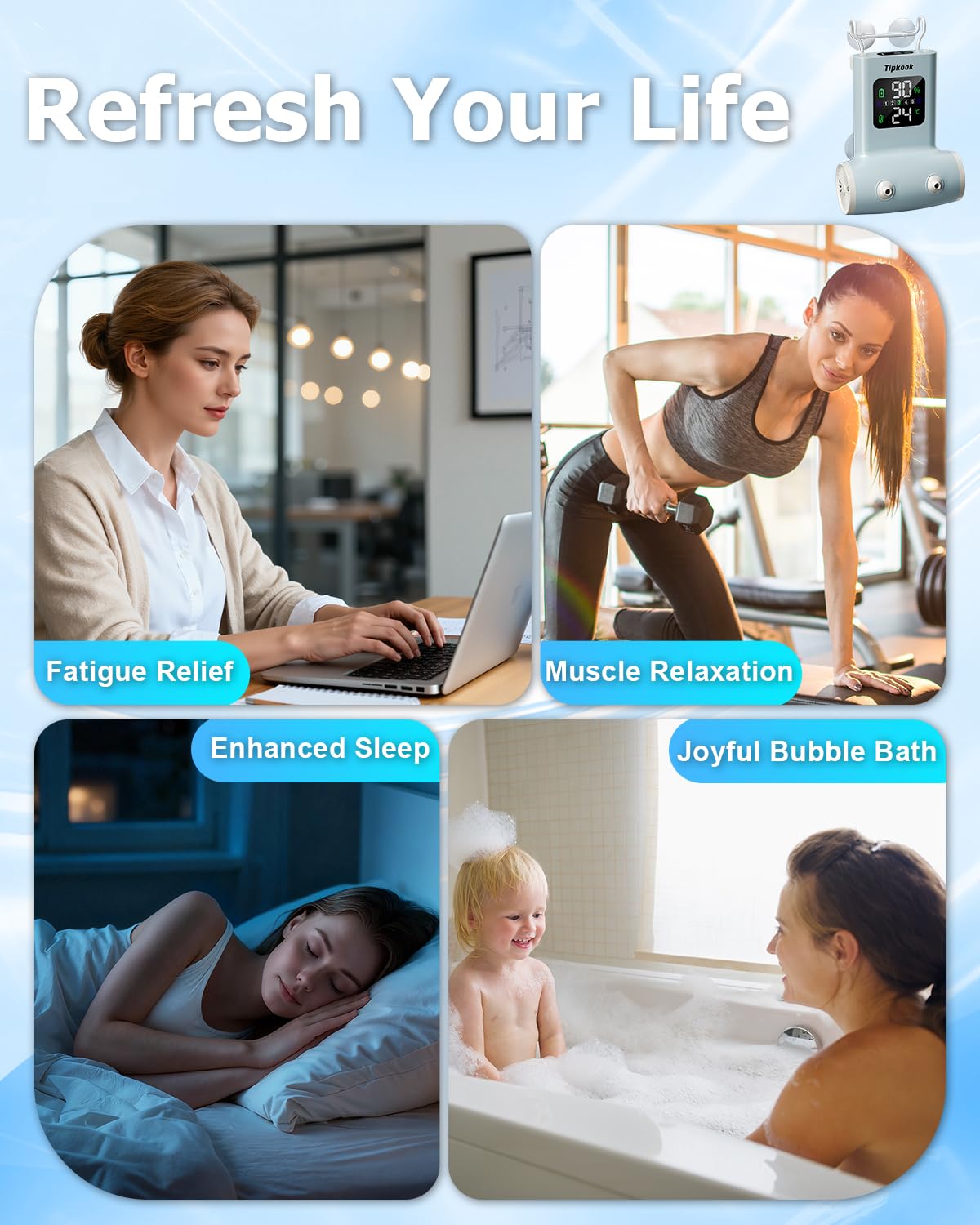Tipkook Portable Bath Jets for Tub: 5-Speed Jet Spa for Bathtub with LED Display, Bath Jet/Bubble Mode, Rechargeable Bath Jets, Dual Water Outlet, IPX8 Waterproof, Ideal Gift for Home - Blue