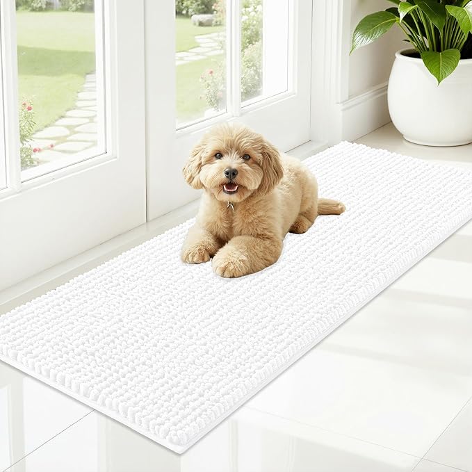 OLANLY Dog Door Mat for Muddy Paws 47x17, Ultra Absorbent Chenille Mud Doormat, Non-Slip Washable and Dirt Trapping Doormat for Indoor Entryway, Quick-Dry Indoor Pet Bed Mats for Dogs, White