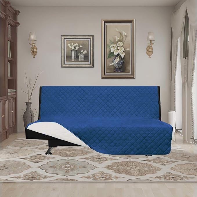 Easy-Going Futon Sofa Slipcover - Reversible Armless Couch Cover - Water Resistant - Pets & Kids (Blue/Ivory)