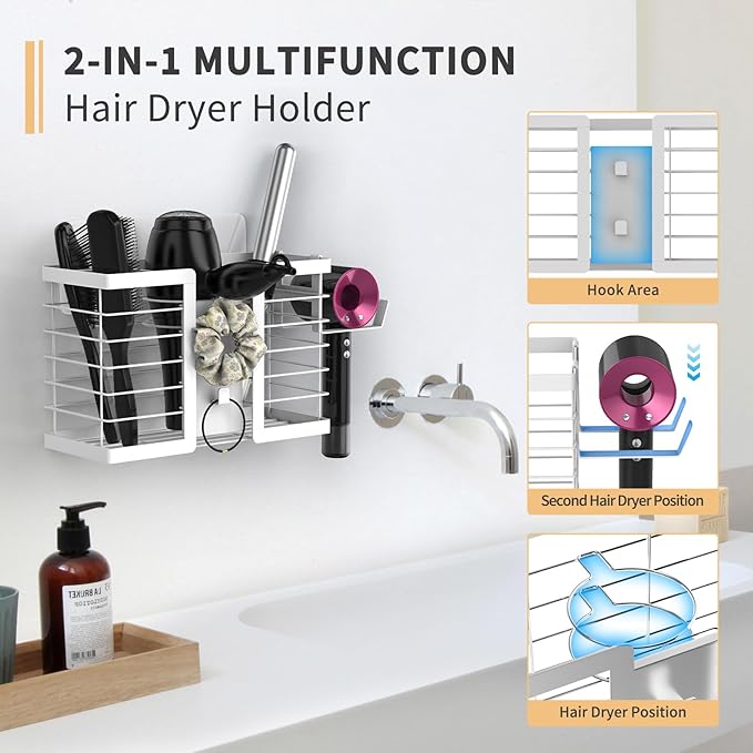 FUNKYLEE Hair Tool Organizer, 3 in 1 Metal Bathroom Blow Dryer Organizer Wall Mount for Flat Iron, Curling Iron, Straightener, Hair Care & Styling Tools Storage and Organizer (White)-2pcs