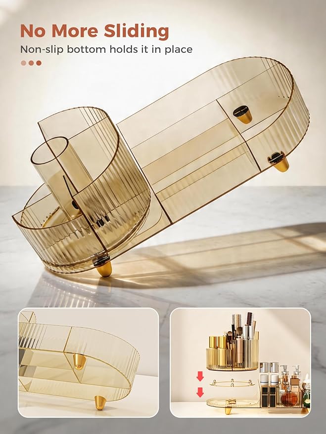 Booklov Rotating Makeup Organizer for Vanity, Large Capacity Cosmetic Display Case, Clear Acrylic Countertop Beauty Storage Holder for Skincare, Brush Eyeshadow Lipstick, Counter Desk, Crystal Amber