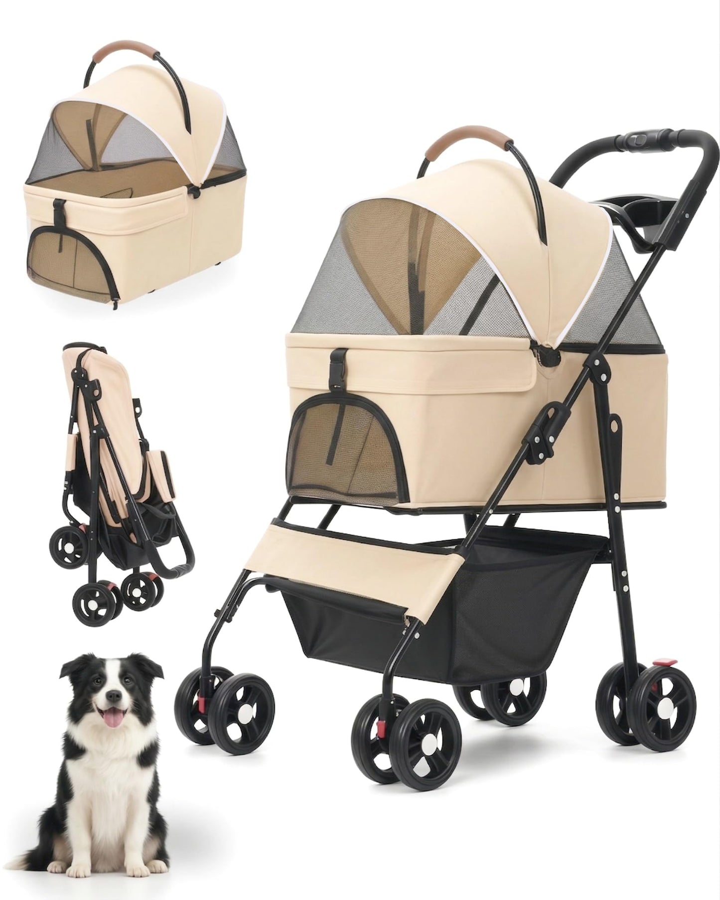 Pet Stroller with Removable Carrier, 35lbs Capacity - One-Click Foldable Dog Stroller, Cat Carrier & All-Terrain Wheels, Compact Travel Pet Stroller for Small to Medium Pets-Khaki