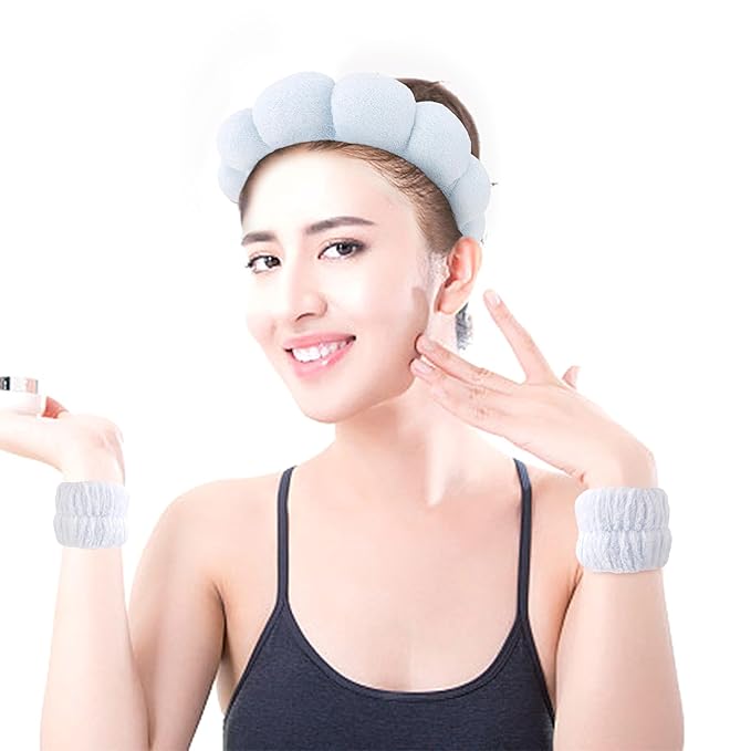 SPA Headbands for Washing Face Makeup Headbands with Bow Hair Band Women Facial Head Band Wrist Towel Wraps For Shower Face Mask Blue, 5 Pack