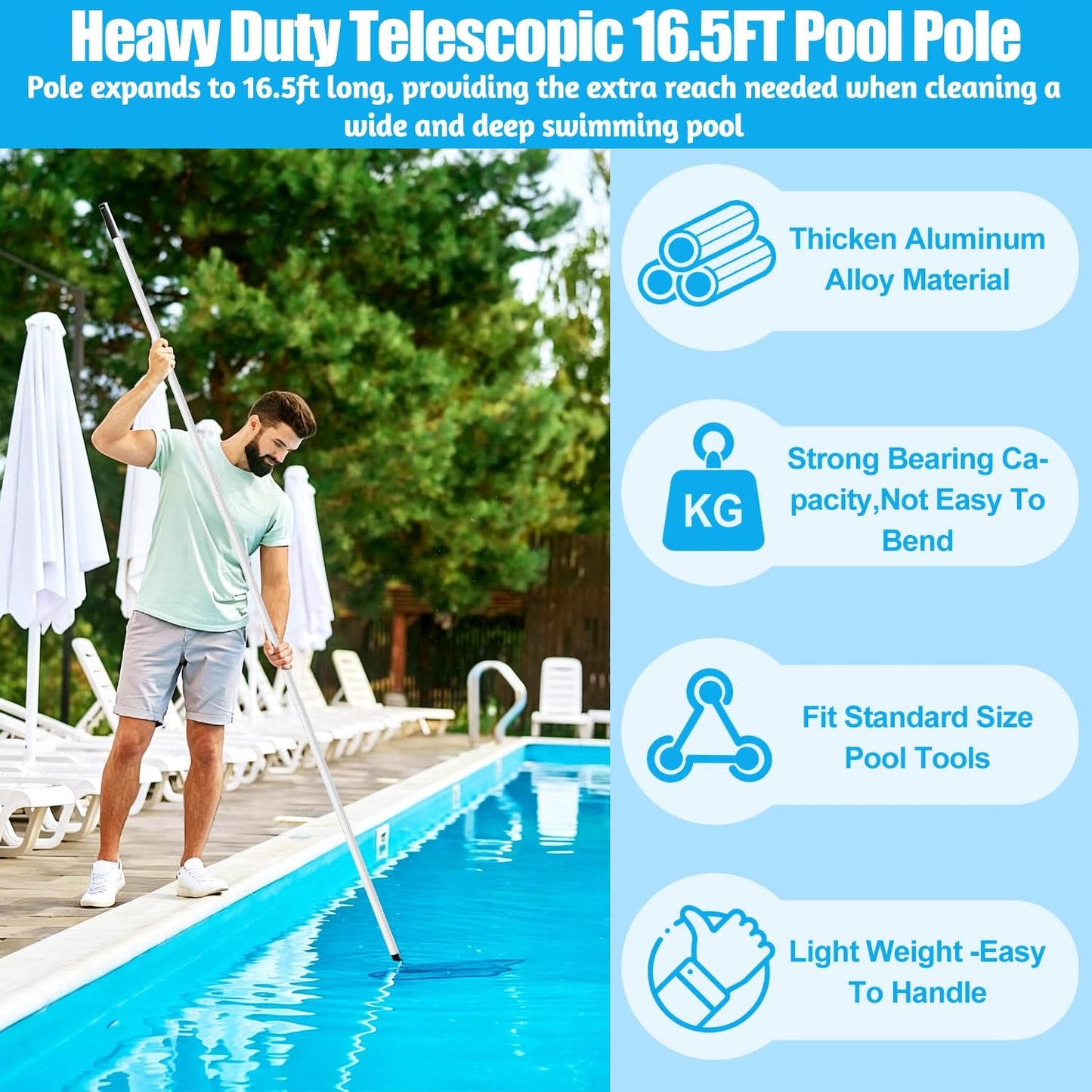 YEECHUN Professional 16.5 Foot Swimming Pool Pole Telescopic Heavy Duty Aluminum, Adjustable Length 6.5 to 16.5 Feet, Universal Pole for Skimmer Net Rake, Hooks, Vacuum Heads and Brushes