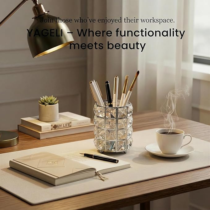 YAGELI Crystal Pen Holder for Desk, 3.58" Gold/Silver Pencil Cup, Elegant Office Desk Accessories for Women, Modern Home Office Decor, Teacher Gift - Compact Vanity Makeup Brush Organizer(Silver)
