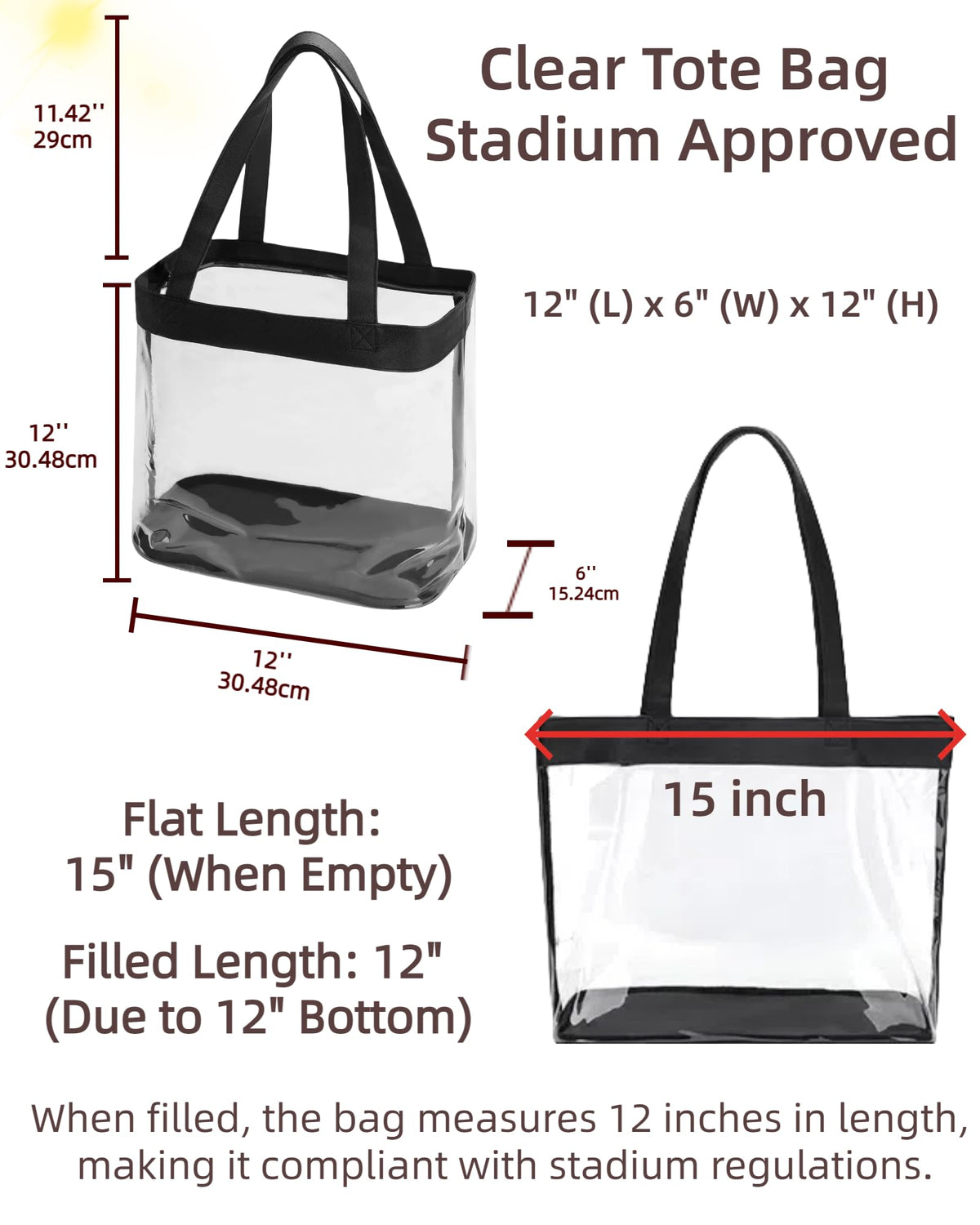 SeBUCUOO 12x12 Clear Tote Bag for Stadium Events, Women's Transparent Shoulder Bag with Stadium Approved Size 12x6x12, Black