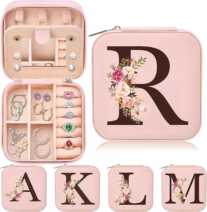 Small Travel Jewelry Case for Girls Women, Travel Jewelry Box Organizer Personalized Pink Gifts for Wife Mom, Gift for Friend Sister Grandma Aunt, Initial R