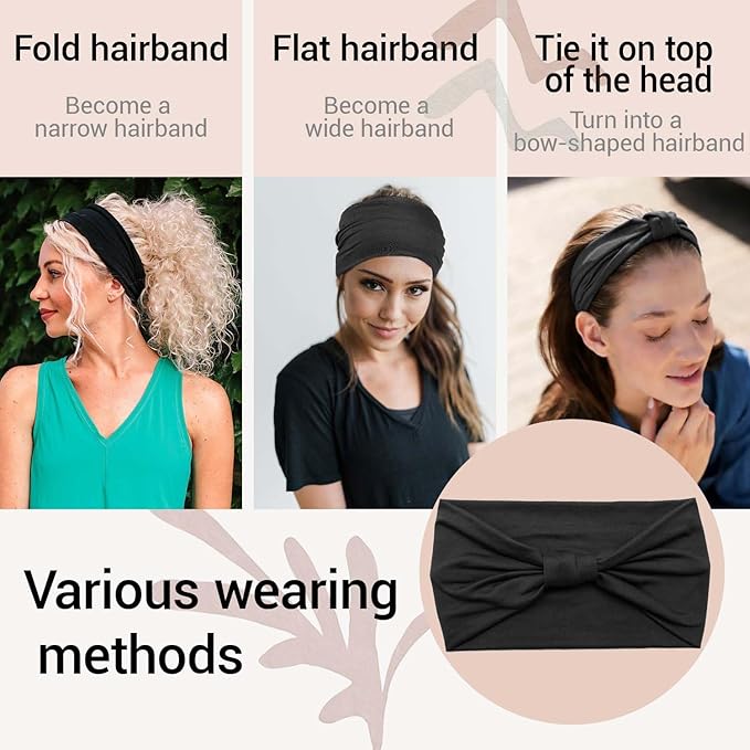 2 Pack Black Wide Headbands for Women - Thick Stretchy Non Slip Fabric Sweat Bands, Soft Hair Bands for Workout, Running, Spa, Makeup & Washing Face
