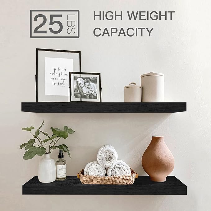 QEEIG Floating Shelves for Wall 23.6" Long - Wall Mounted Shelf Bathroom Kitchen Living Room Bedroom Farmhouse Home Decor Display Bookshelf Large 23.6 x 9.3 inch Set of 2, Black (008-60B)