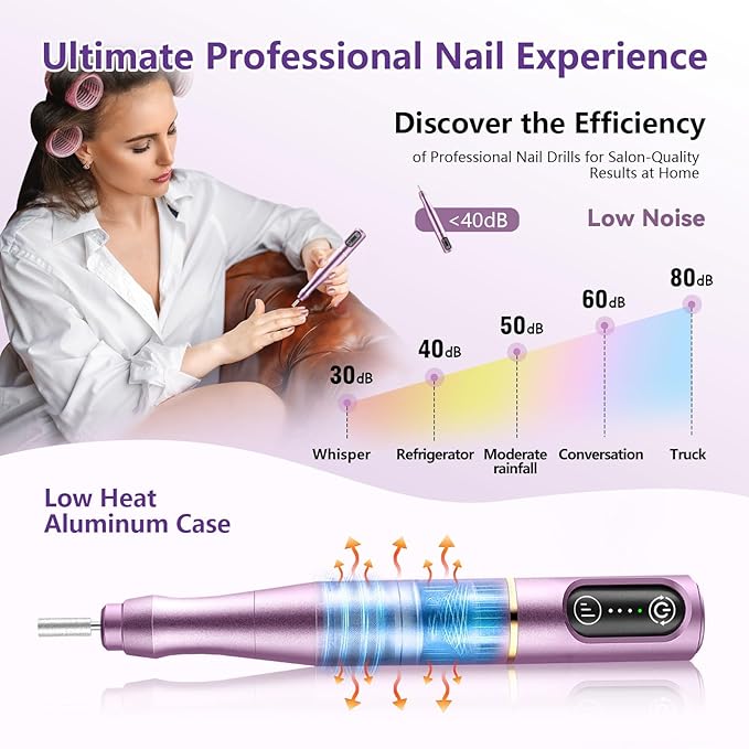 Cordless Nail Drill Electric Nail File Kit, Rechargeable Efile Set, Portable Acrylic Gel Nail Polish Remover Machine, Pedicure Manicure Tool, 11 Bits, 56 Sanding Bands, Salon Home, Purple