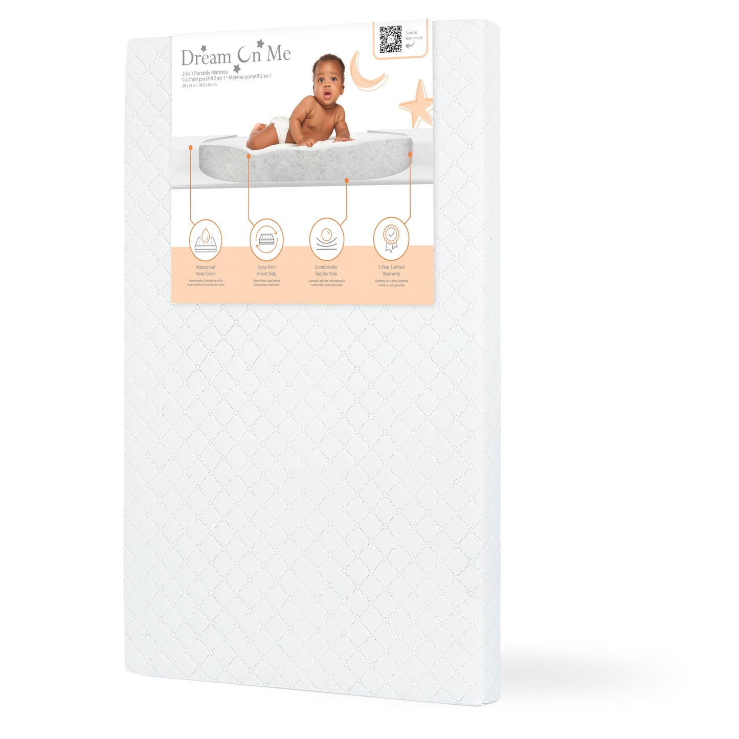 Dream On Me Holly 2-in-1 Mini & Portable Crib Mattress (38”x 24”x 3”), Dual Sided, Vinyl Waterproof Cover, 3” Fiber Core, GREENGUARD Gold Certified, Fits Standard Portable and Mini-Cribs