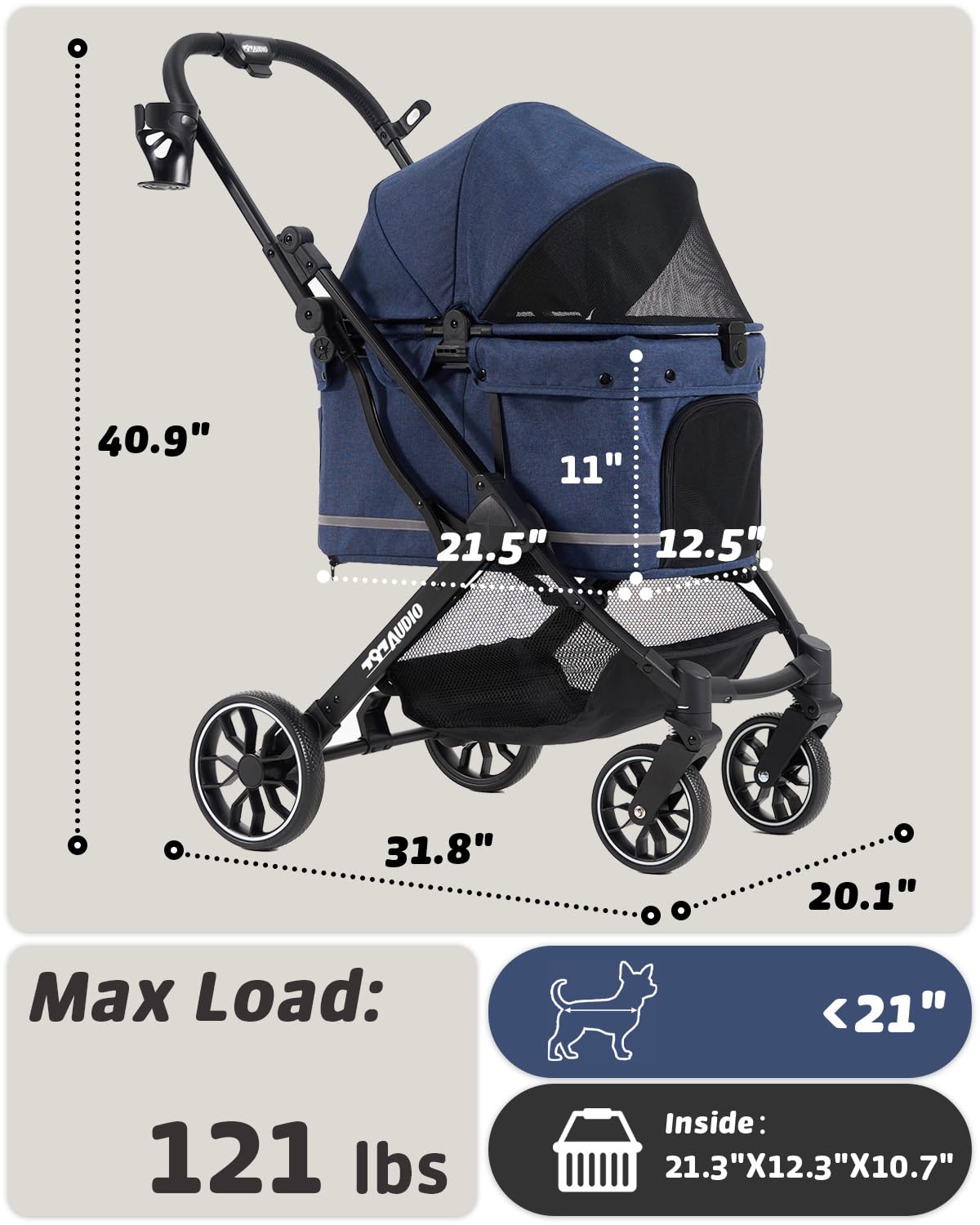 797Audio Dog Stroller for Small Medium Dogs, Pet Stroller for Cats Puppy Up to 121lbs,Foldable,One Click Folding,4 Wheel Shock Absorption,Adjustable Canopy with Sun Shades,Removable Washable Pad(Blue)