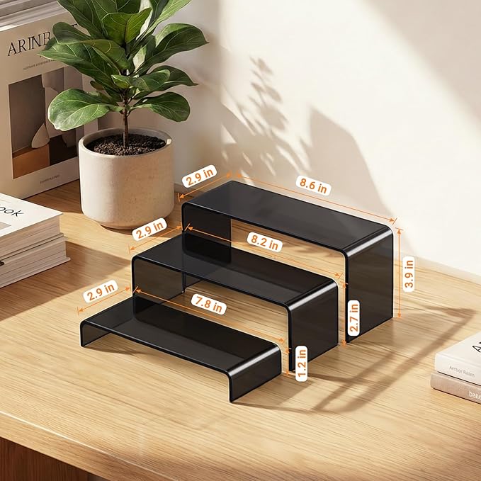 Funfery Acrylic Display Risers, 2 Set(7.8"L~8.2"L~8.6"L) Display Shelf for Figure, Collectibles, Cupcake, Black Acrylic Stands for Dessert, Jewelry, Candy Showcase, 3 Tier Action Figure Stand Holder