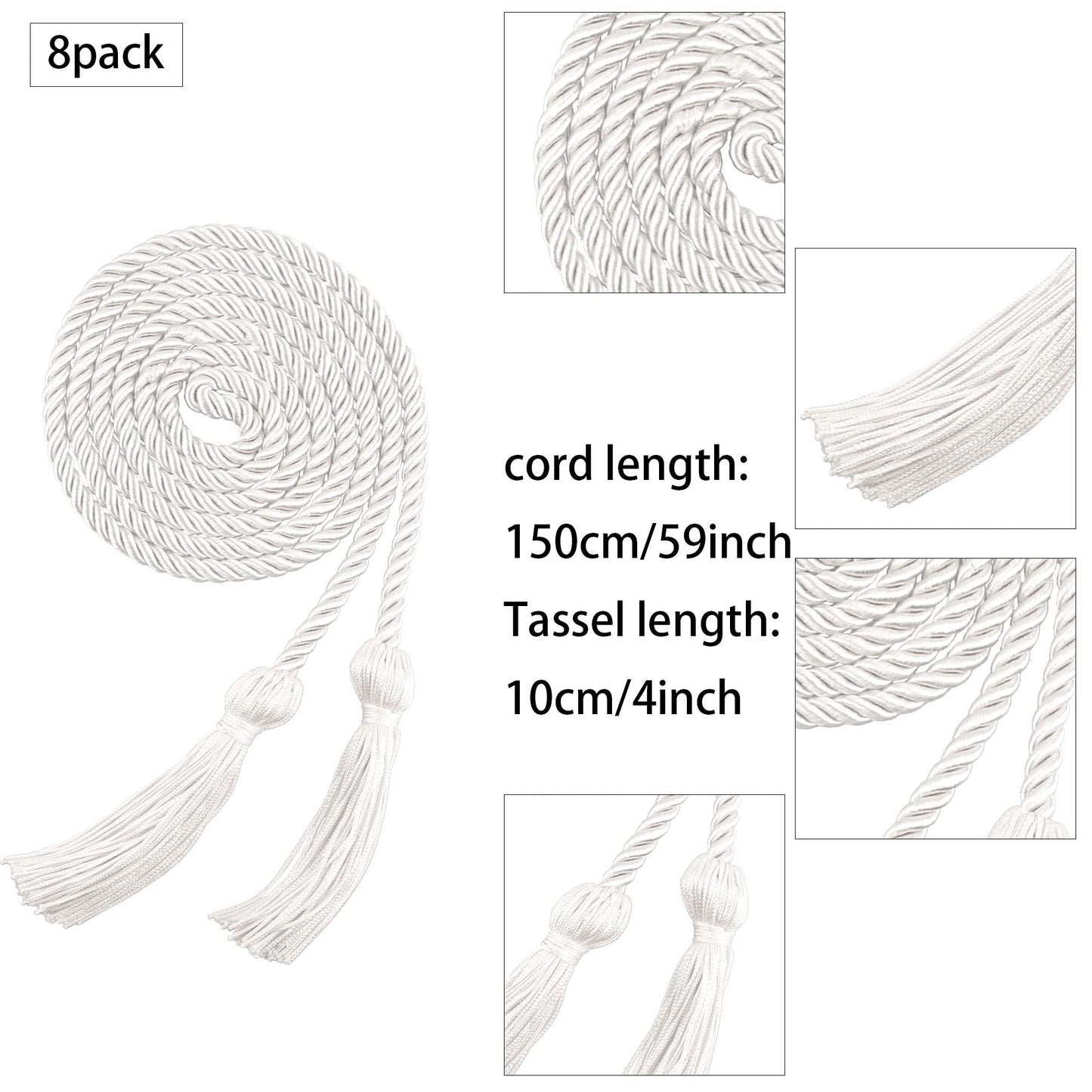Trounistro 8 Pieces Graduation Cords Yarn Honor Cords with Tassel for College Graduation Students (White)