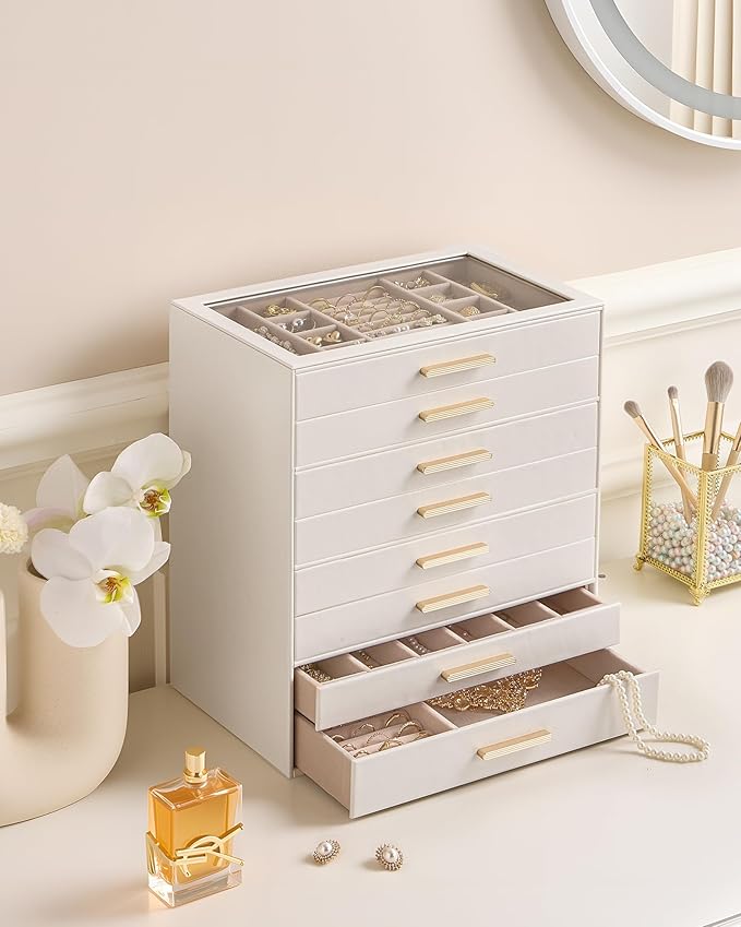 Lolalet Jewelry Box Organizer, 8-Layer Jewelry Organizers and Storage Case with Glass Lid, Ring Earring Bracelet Necklace Holder Organizer, Birthday Valentine Gifts for Women Girls -8Layer, Beige