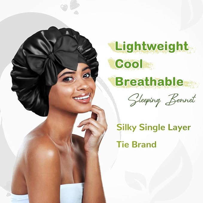 BONNET QUEEN Small Silk Bonnet for Sleeping Women Anti-Frizzy Satin Bonnet Night Sleep Cap Wrap for Curly Hair with Adjustable Tie Band, Double Layer, Black