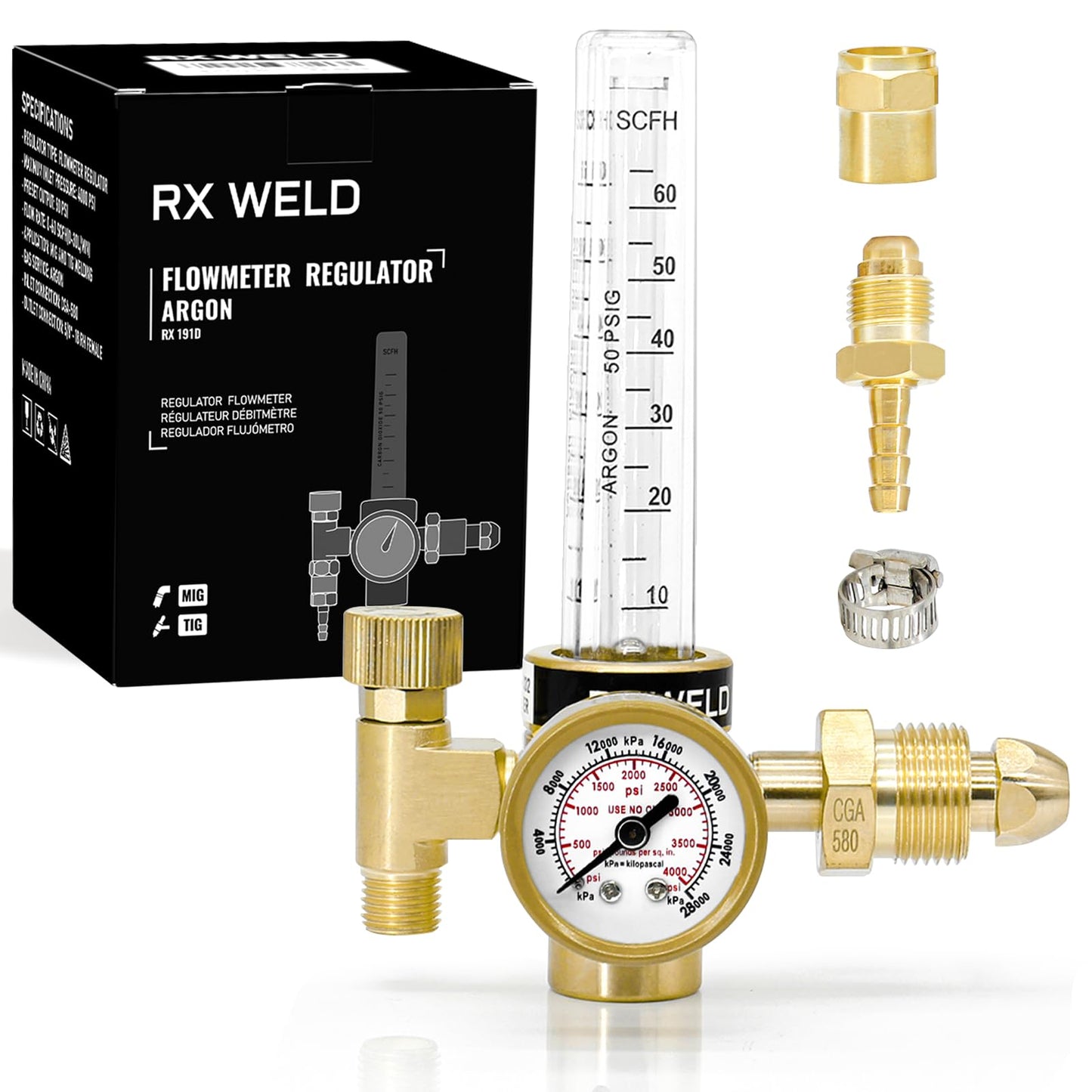 RX WELD Argon Regulator Flowmeter Gas Gauge for Mig Tig Weld