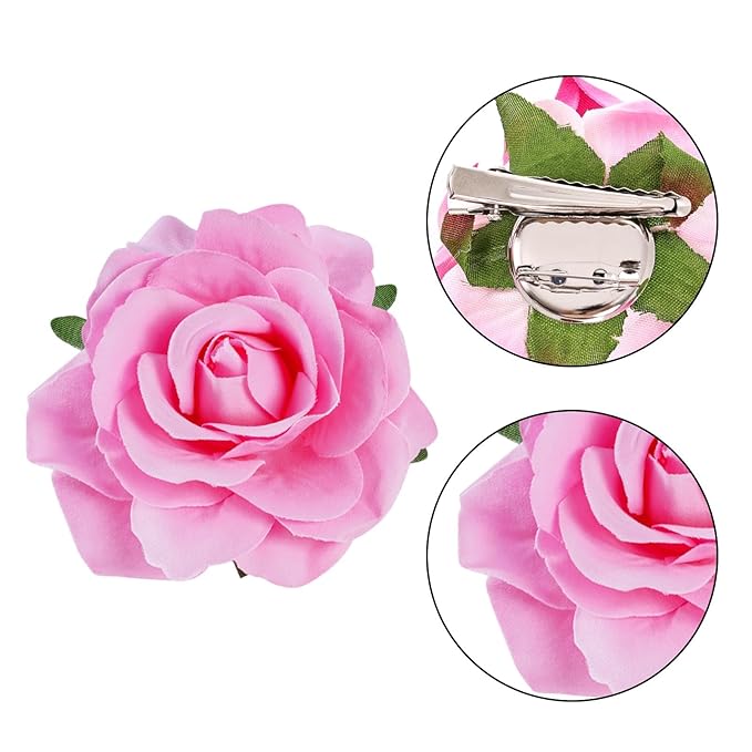 Rose Hair Clip Flower Hairpin Brooch Floral Clips, 4 Pcs Fabric Rose Flowers Hair Clips Mexican Hair Flowers Pin up Headpieces for Woman Girl Wedding Party Mother's Day (2 Sizes) (Pink)