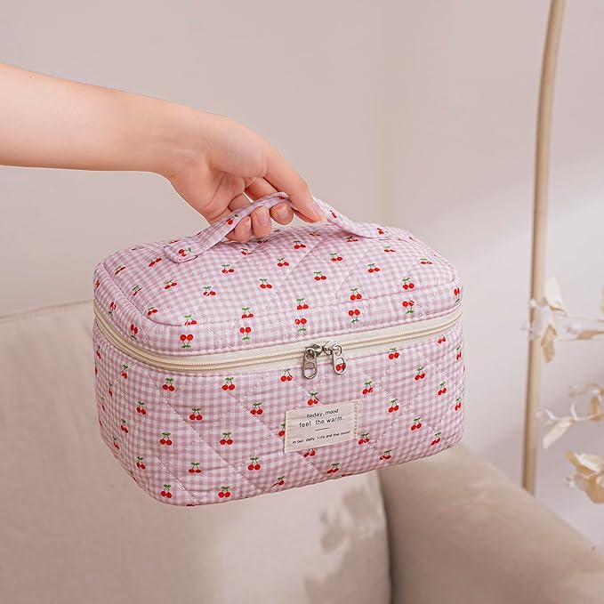 uekeboag Large Travel Quilted Makeup Bag for Women, Floral Cotton Cosmetic Bag, Coquette Aesthetic Floral Toiletry Organizer Bag