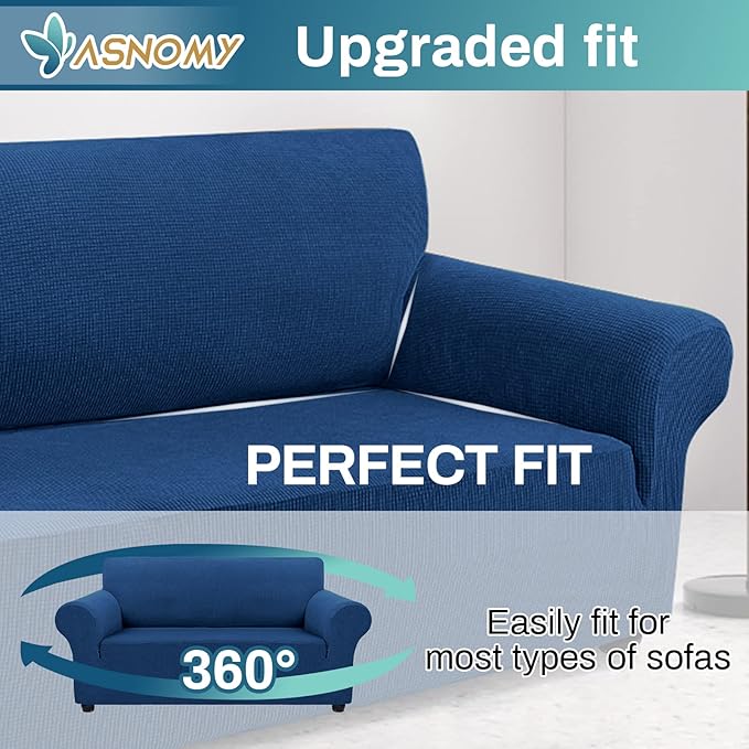 Asnomy Sofa Covers for 2 Cushion Couch Stretch loveseat Covers Slipcovers, Pet Protector Furniture Covers for Dogs Cats Spandex Jacquard Fabric Small Checks （Medium，Classic Blue）
