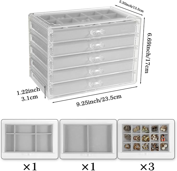5 Drawers Clear Jewelry Box for Women and Girls, Acrylic Earring Holder Organizer Ring Holder Display Storage, Gray