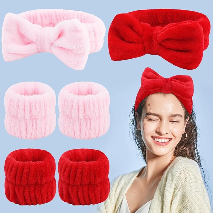 VELSCRUN Spa Headband, Makeup Face Wash Skincare Headbands, Bow Hair Band Party Favors for Washing Face, Stocking Stuffers For Women Teen Girls Christmas Gifts Hair Accessories Pink Red