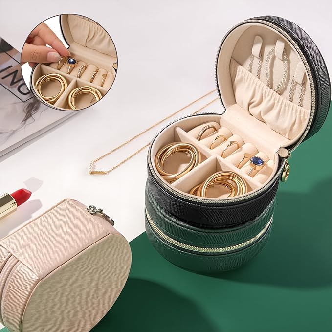 ProCase Travel Size Jewelry Box, Mini Portable Seashell-Shaped Jewelry Case, 2 Layer Organizer in PU Leather for Women -Black