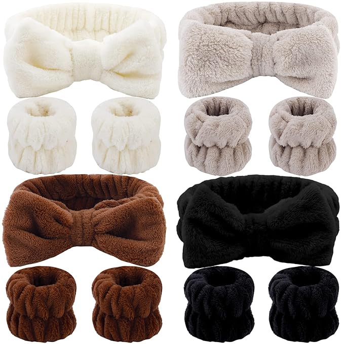 12PCS Spa Microfiber Headband and Wrist Towels for Women - Soft Absorbent Elastic Bow Skincare Set for Makeup, Hair Washing, and Facial Care