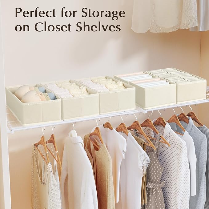 DIMJ Drawer Organizers Clothes, Set of 4 Dresser Organizer Bins, Fabric Closet Organizers and Storage, Shallow Drawer Dividers for Nursery, Clothing, Baby Clothes, Socks, Underwears, Tie (Beige)