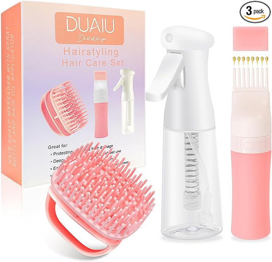 DUAIU Hair Oil Applicator with Continuous Spray Bottle Hair Scalp Massager, Silicone Root Comb Applicator Bottle Shampoo Brush and Mister Spray Bottles for Hair Dye and Hair Care