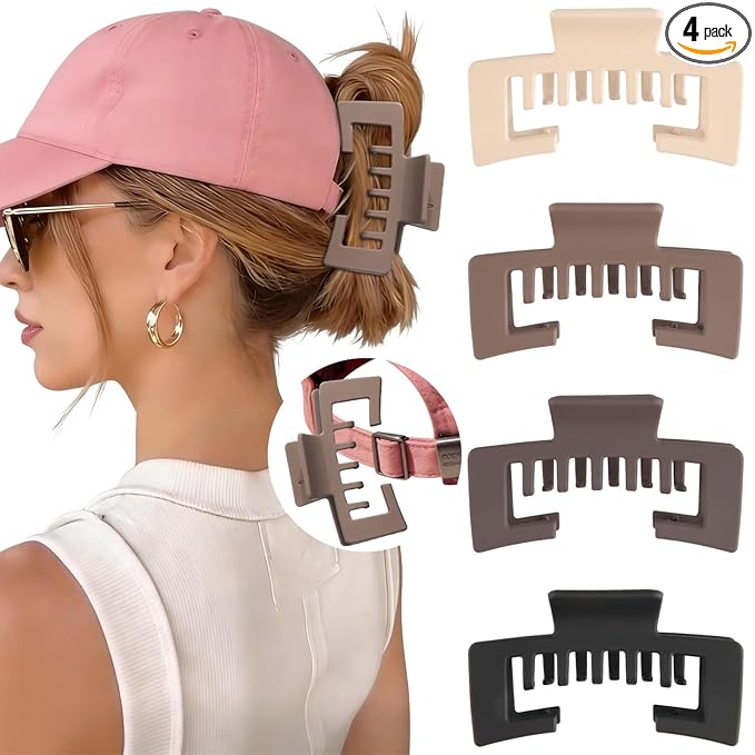 Hat-Friendly Claw Clips for Baseball Caps - 4 Pcs Trucker Hat Hair Clips for Women, Claw Clips for Thick Hair Hat Hairstyles, Gifts Hair Accessories