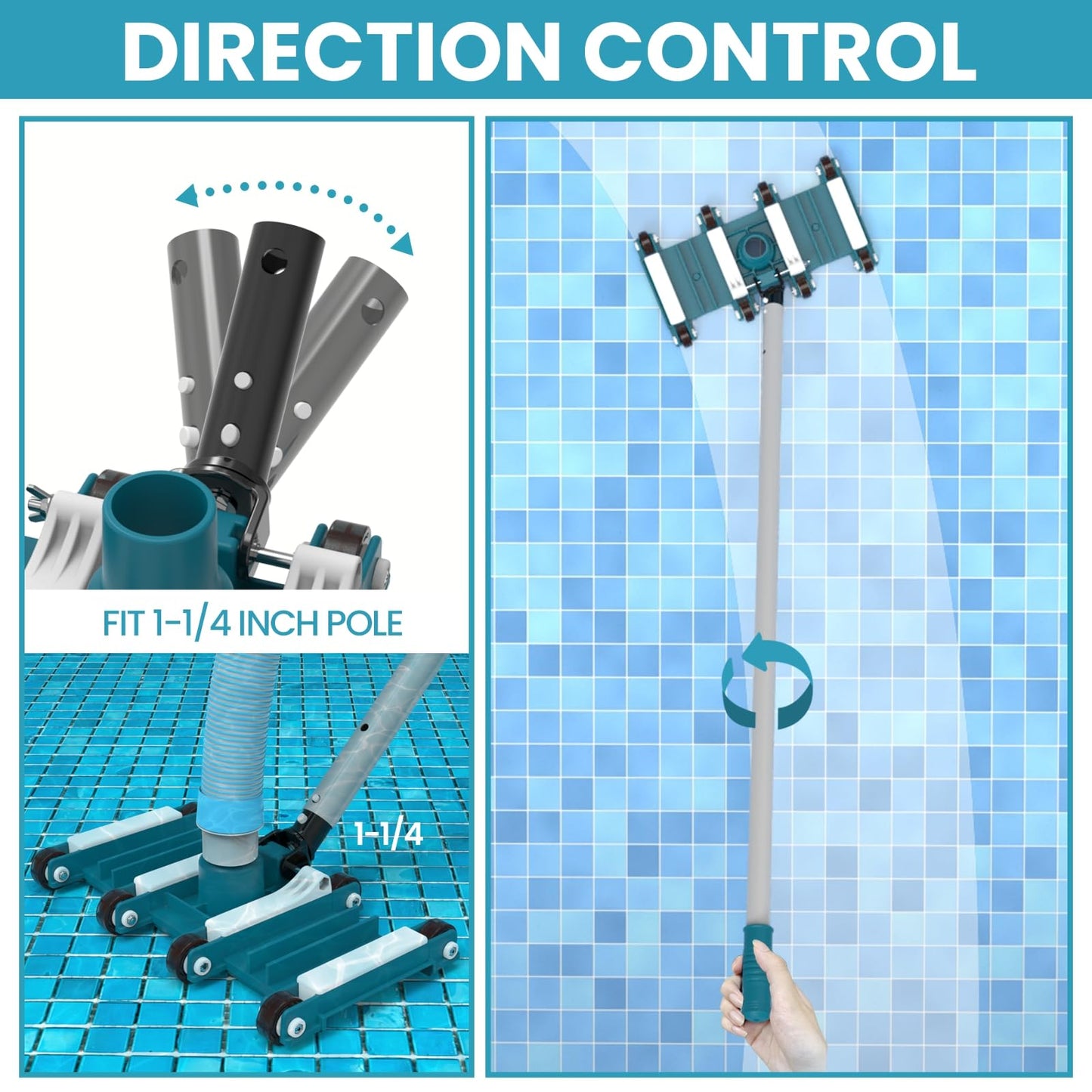 POOLWHALE 14" Flexible Pool Vacuum Head with Wheels, Swivel Direction-Control Handle for Inground & Above Ground Pools Clean Remove Debris