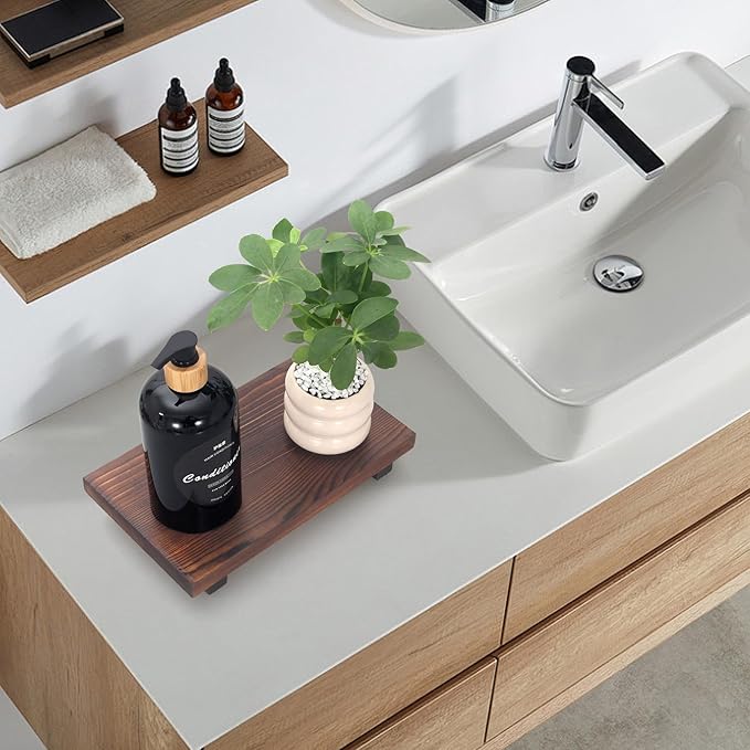 Farmhouse Wooden Bathroom Tray Small Kitchen Countertop Trays Decorative Wood Riser Pedestal Stand Dish Soap Dispenser Holder for Kitchen Counter Bathroom Sink Organizer Accessories Decor Vanity Tray