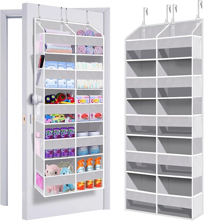 UVIAHOMI Heavy Duty Over The Door Organizer 5 Tiers, Extra Large Behind Door Storage of 10 Front & 10 Mesh Pockets, 80lb Weight Capacity, Hanging Doors Storage for Closet Bedroom Nursery, Light Gray