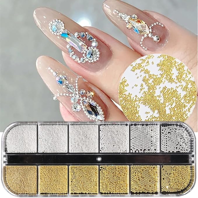 0.8mm Mini Small Nail Beads Stainless Steel Beads Nail Beads Gold Charms Nails Art Decorations Gun Grey Rose Gold Caviar Nail Charms DIY Tool Nail Studs Accessories Caviar Beads for Nails (Silver)