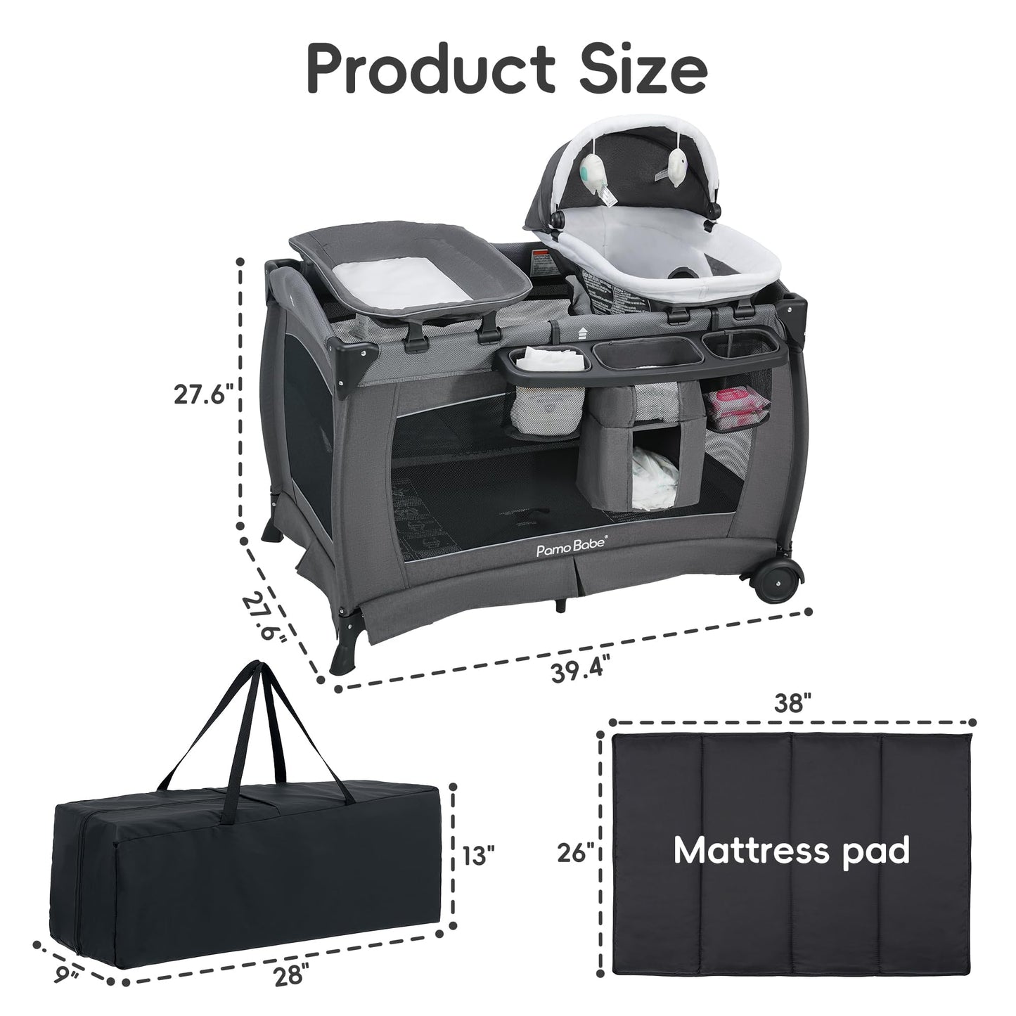 Pamo Babe Pack and Play with Bassinet Baby Playpen Foldable Playard with Changing Table Portable 4 in 1 Baby Playard