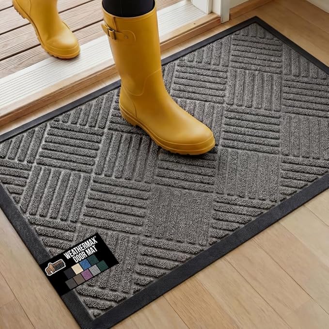GORILLA GRIP 100% Waterproof All-Season WeatherMAX Doormat 35x23, US Designed Natural Rubber, Stain and Fade Resistant, Low Profile Indoor Outdoor Door Mats, Easy Clean Patio Mat, Gray Diamond