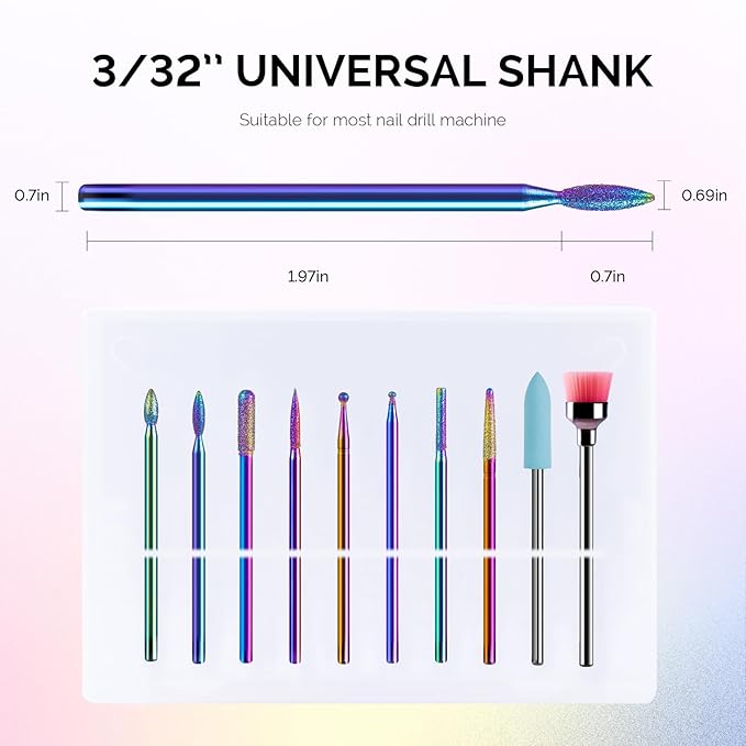 MelodySusie 10pcs Nail Drill Kit, 3/32 Inch Diamond Cuticle Bits, Manicure Pedicure Remover Tools, Salon Home Nail Care Supplies, Rainbow
