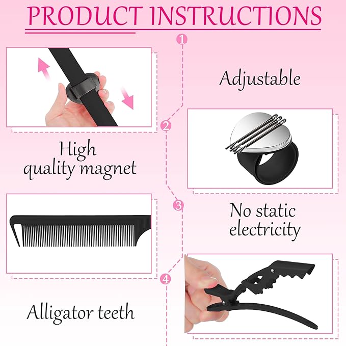22 Pces Hair Braiding Tools with Magnetic Wrist Sewing Pincushion Pin Wristband Stainless Stitch Braid Finger Ring Tool Pintail Rat Tail Comb Sectioning Alligator Clips Salon Home(Black)