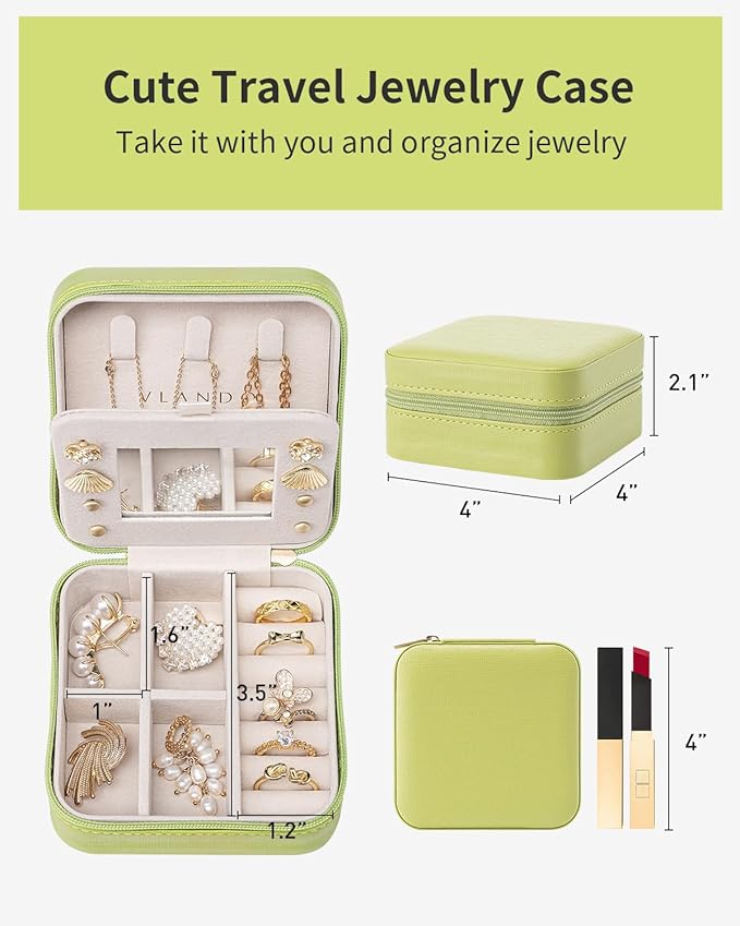VLANDO Small Travel Jewelry Box Organizer - Girls Women Gift Rings Earrings Necklaces Jewelry Storage Display Case with Mirror Green