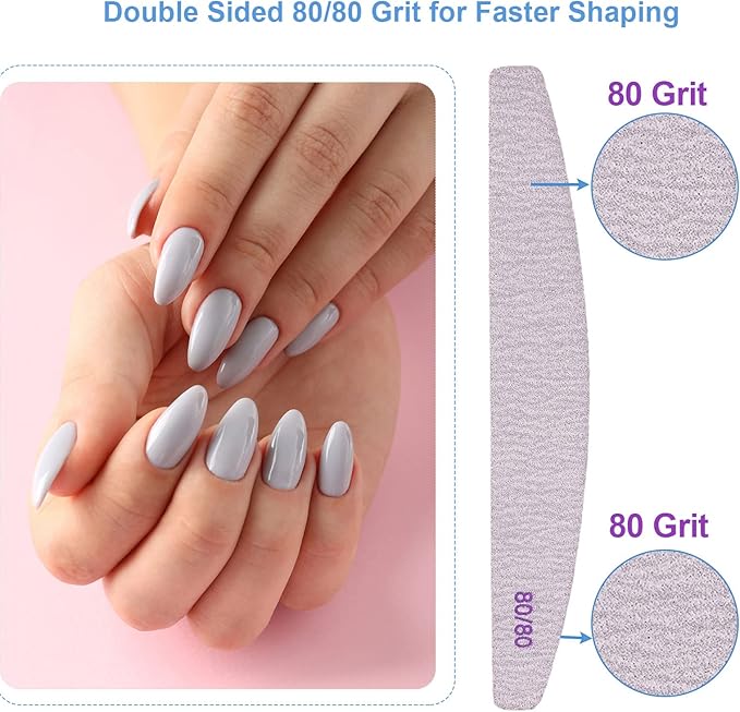 80/80 Grit Nail Files (10 Pack), Emery Boards for Acrylic Nails and Gel Nails, Coarse Nail File Double Sided 80 Grits Emory Professional Nail Filers Reusable Washable Manicure Curved Gray