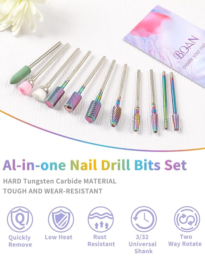 BQAN Nail Drill Bits, 17Pcs Tungsten Carbide Drill Bit Set, Professional 3/32'' Nail Bits For Nail Drill Efile, Acrylic Nails, Manicure Pedicure, Home Salon Nail Art Supplies
