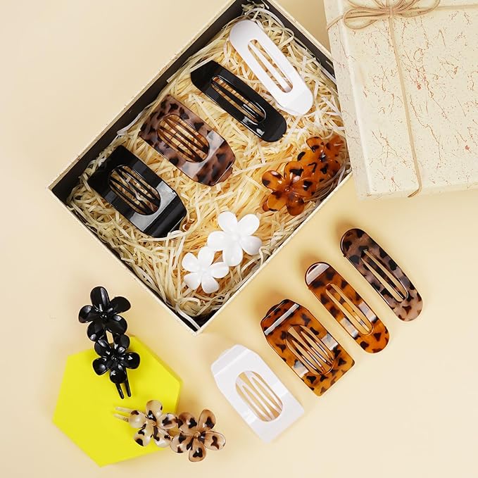 12 Pack Flat Hair Clips for Women – Matte Tortoiseshell Square Claw Clips, Flat Barrettes & Flower Pins in Black, White,Tortoiseshell & Leopard, Soft Touch Hair Accessories for Thick & Thin Hair