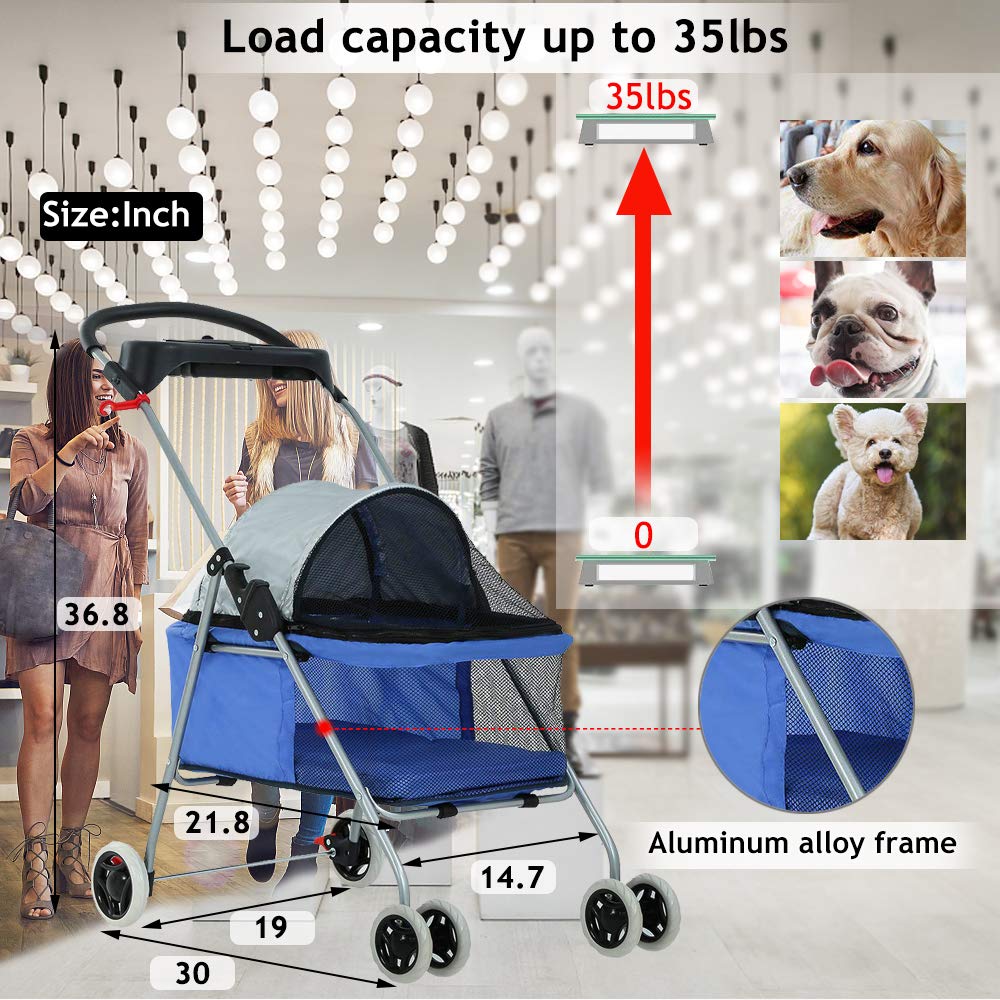 Dog Stroller Pet Stroller Cat Strollers Jogger Folding Travel Carrier Durable 4 Wheels Doggie Cage with Cup Holders 35Lbs Capacity Waterproof Puppy Strolling Cart for Small-Medium Dogs, Cats - Blue