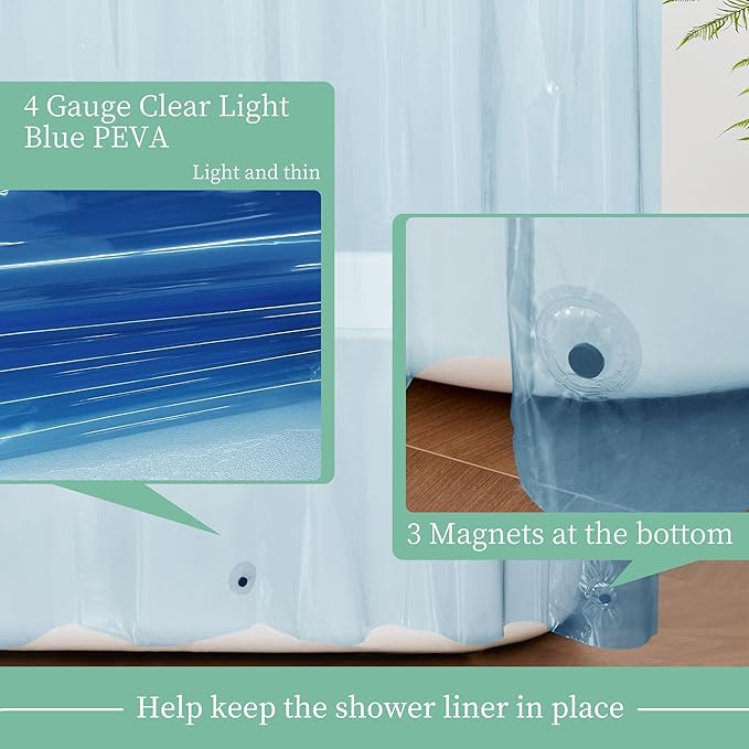 Mrs Awesome Clear Blue Shower Curtain Liner with 3 Magnets, 72x72 Premium Flexible Sturdy Plastic Shower Curtain for Bathroom Lightweight & Waterproof, Clear Blue