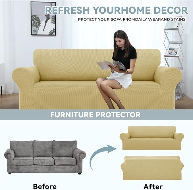 LURKA Stretch Sofa Slipcovers 1 Piece Couch Covers for 3 Cushion Couch Sofa Furniture Protector Full Sofa Covers with Elastic Bottom for Kids and Dog (Champagne, Large)